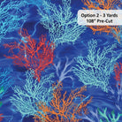 Carmon's Quilt Shop Oceana Coral 108 inch wide backing fabric with vibrant coral reef patterns on deep blue water