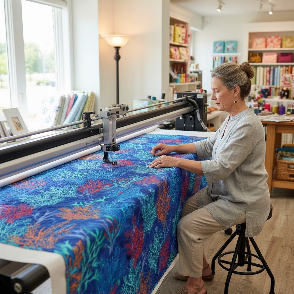 Carmon's Quilt Shop customer using a longarm machine to quilt Oceana Coral 108-inch wide backing fabric