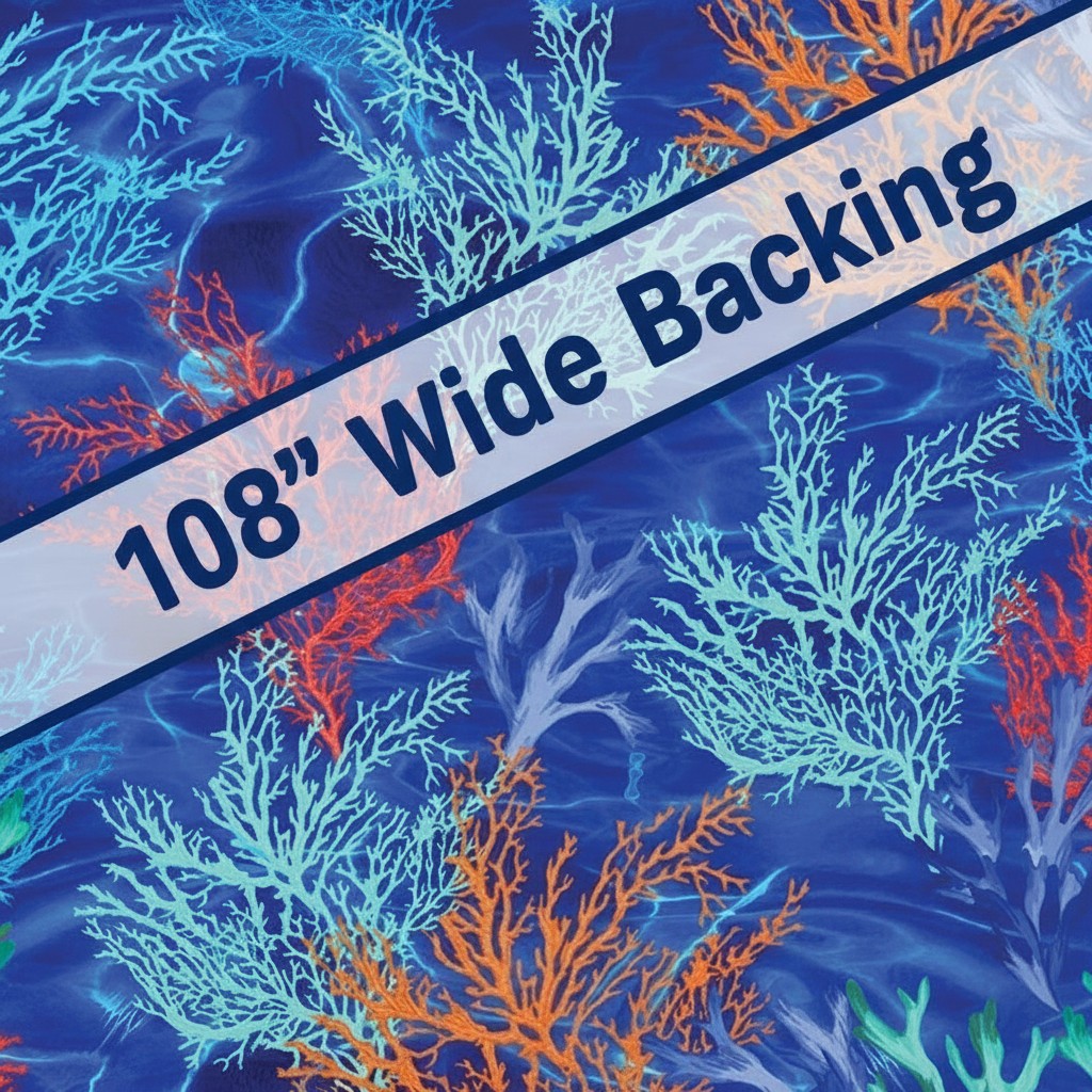 Carmon's Quilt Shop Oceana Coral 108 inch wide backing fabric with vibrant blue, orange, and teal aquatic coral print