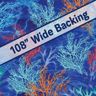 Carmon's Quilt Shop Oceana Coral 108 inch wide backing fabric with vibrant blue, orange, and teal aquatic coral print