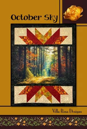 Carmon's Quilt Shop October Sky quilt pattern featuring a forest path scene with red and gold autumn patchwork
