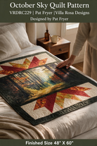 Carmon's Quilt Shop October Sky quilt pattern featuring an autumn forest scene with red and gold leaf patchwork