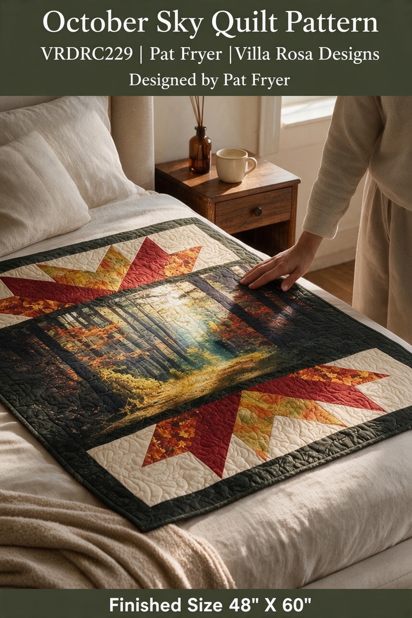 Carmon's Quilt Shop October Sky quilt pattern featuring an autumn forest scene with red and gold leaf patchwork