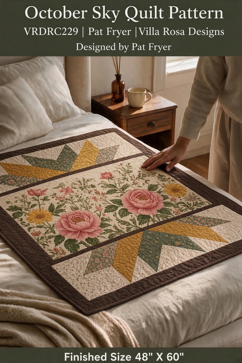 Carmon's Quilt Shop October Sky quilt pattern featuring floral and geometric patchwork in autumn colors on a bed
