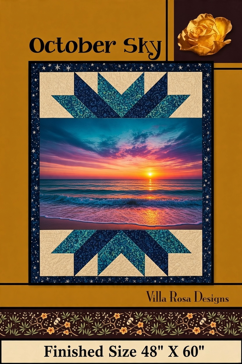 Carmon's Quilt Shop October Sky quilt pattern featuring a sunset ocean scene with star-patterned borders.