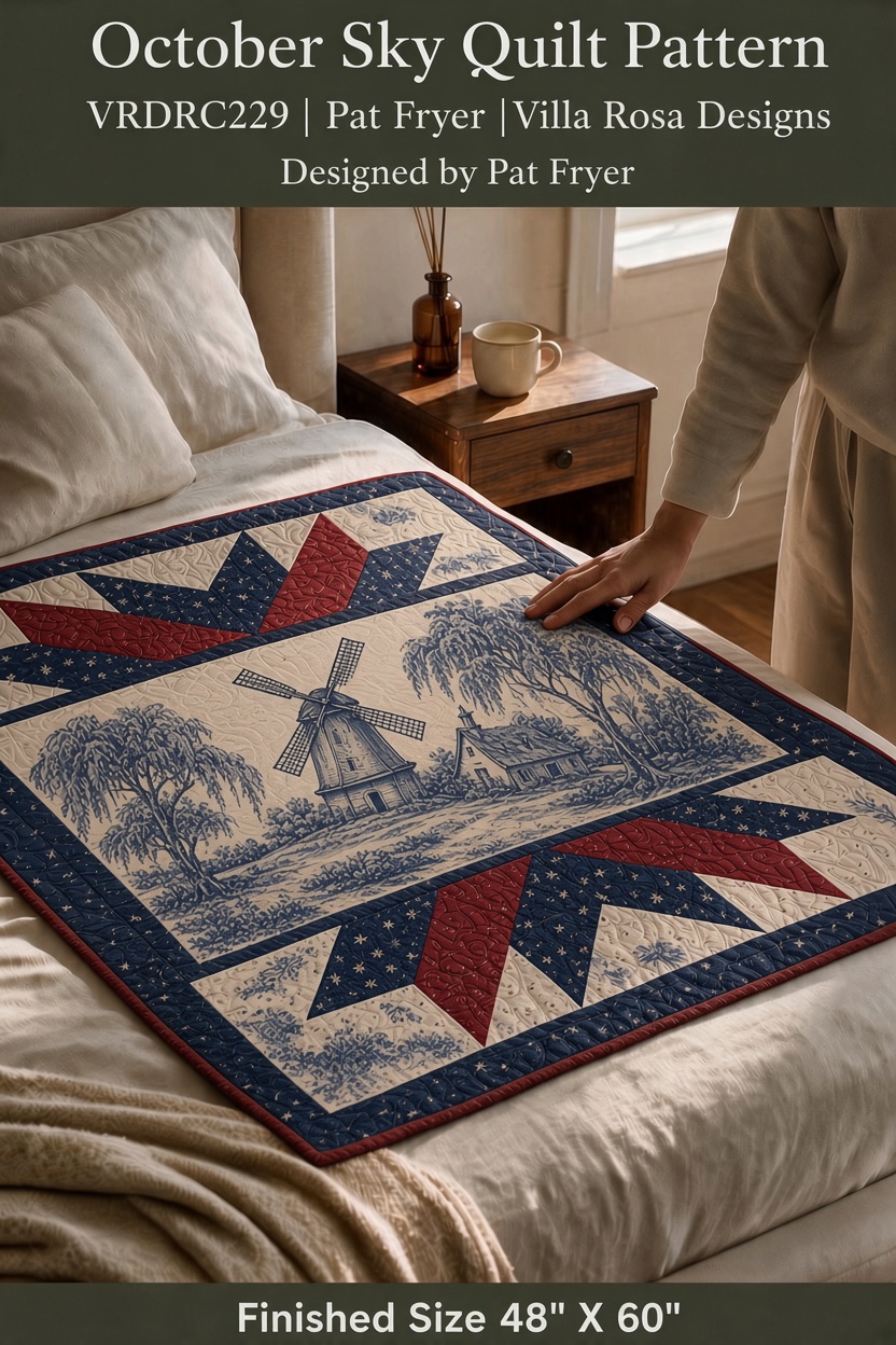 Carmon's Quilt Shop October Sky quilt pattern featuring a windmill scene with red and blue star patchwork borders.