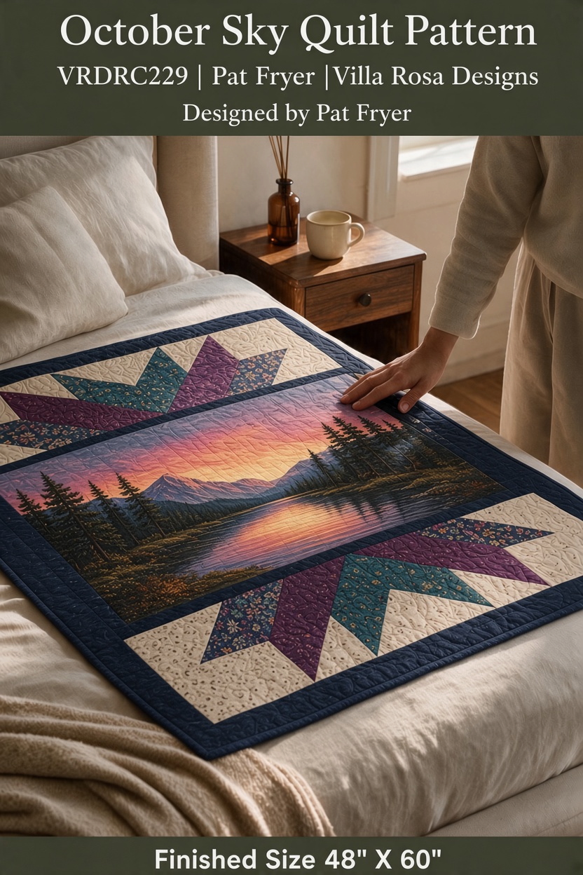Carmon's Quilt Shop October Sky throw quilt featuring a mountain lake landscape with autumn-themed patchwork borders.