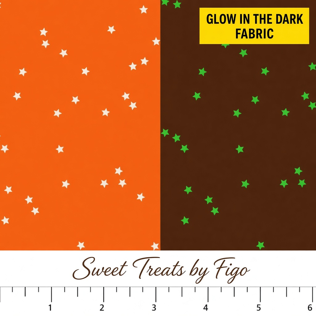 Carmon's Quilt Shop FIGO Fabrics Sweet Treat star print quilting cotton in orange with glow in the dark features