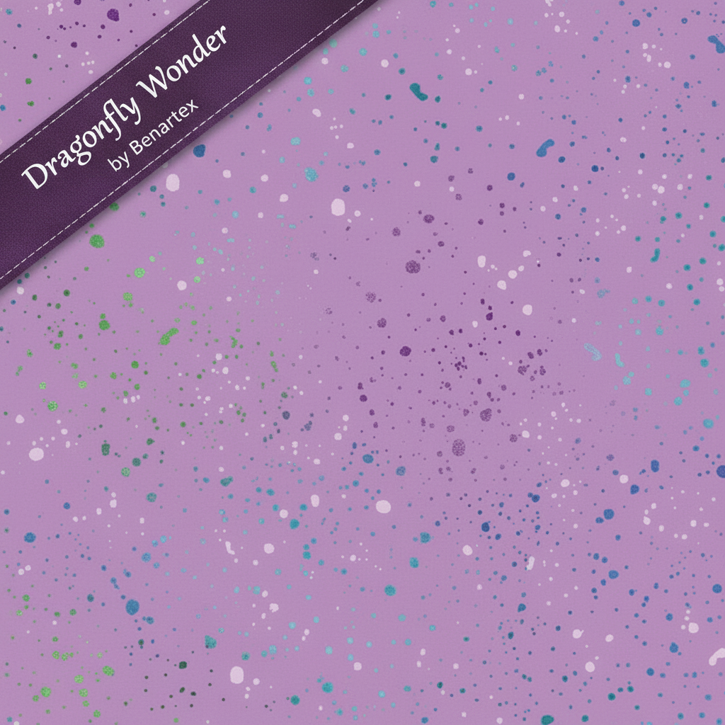 Carmon's Quilt Shop Dragonfly Wonder orchid purple cotton quilting fabric with a multi-colored spatter pattern