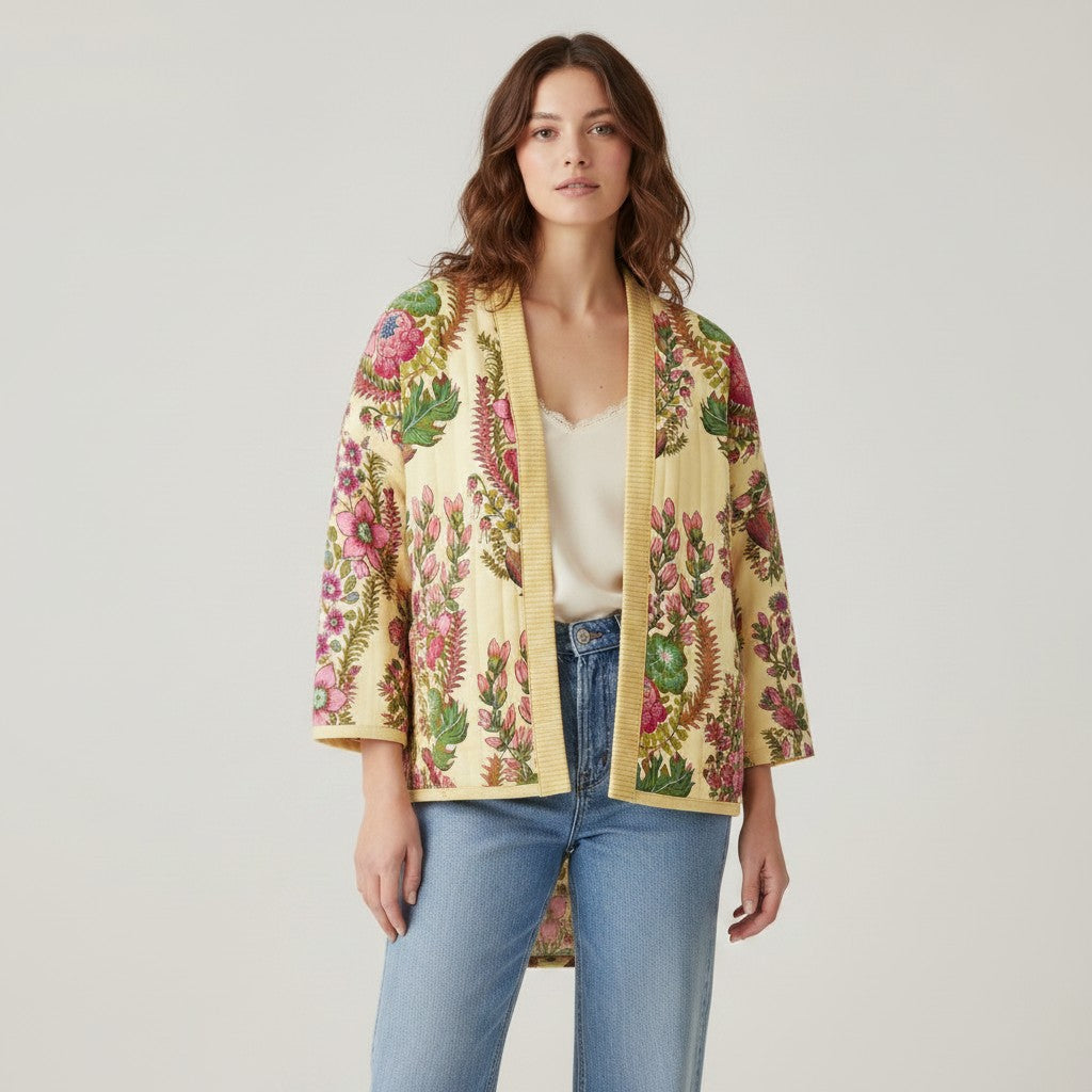 Carmon's Quilt Shop Outstretched Cream Backing 108" 100% cotton fabric with a vibrant floral pattern in pink, green, and cream.