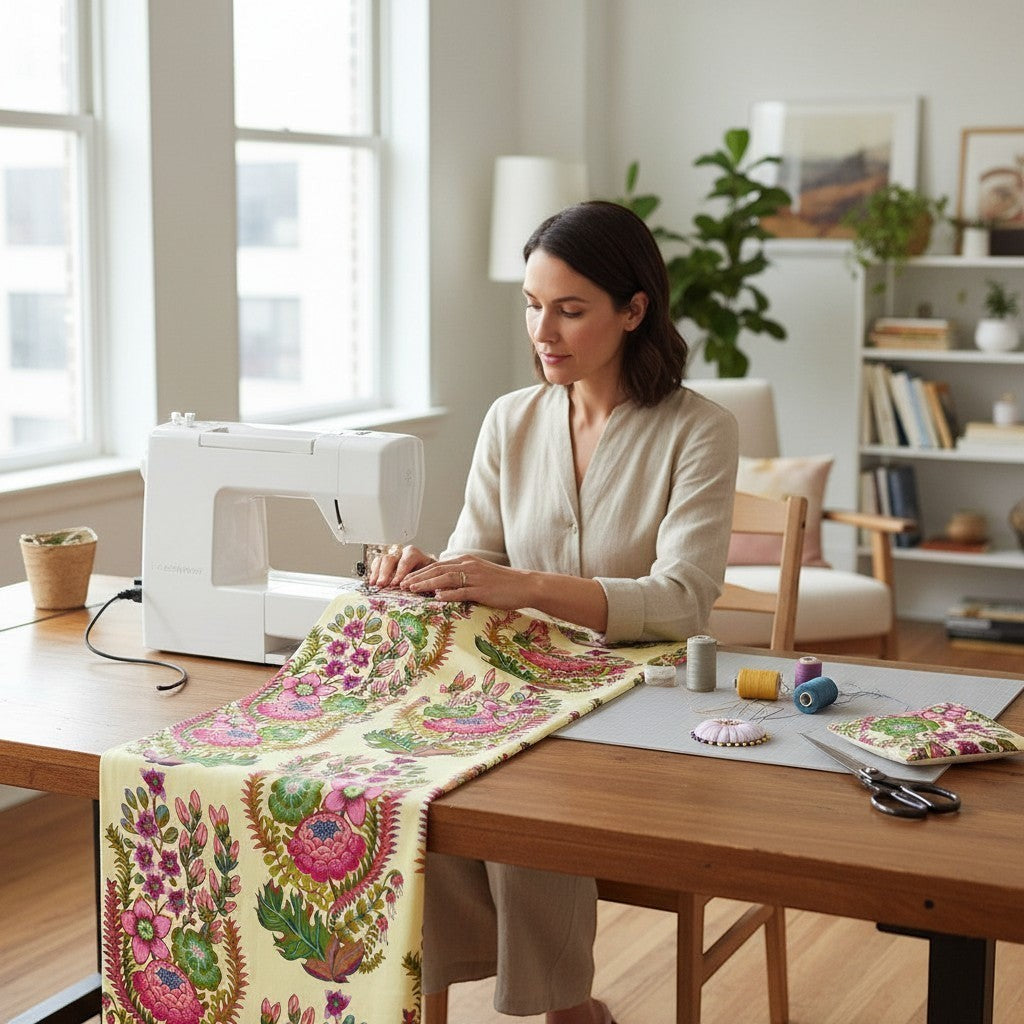 Carmon's Quilt Shop Outstretched Cream Backing 108" 100% cotton fabric with a vibrant floral pattern in pink, green, and blue.