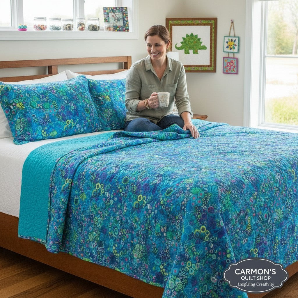 Carmon's Quilt Shop blue and green geometric 100% cotton fabric with floral accents, 3 yards wide.