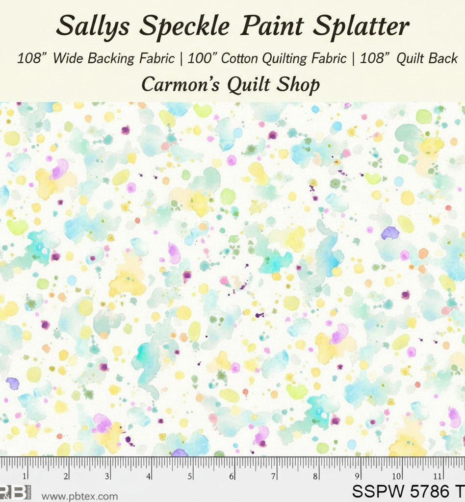 Carmon's Quilt Shop Sally's Speckle 108-inch wide cotton backing fabric with a colorful paint splatter design