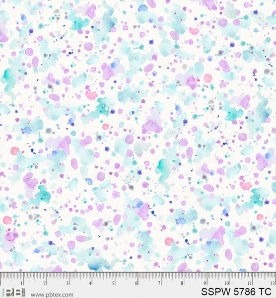 Carmon's Quilt Shop 108 inch wide cotton fabric with a colorful watercolor paint splatter design on white background