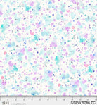 Carmon's Quilt Shop 108 inch wide cotton fabric with a colorful watercolor paint splatter design on white background