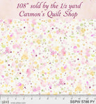 Carmon's Quilt Shop 108-inch wide cotton fabric with a colorful pink, yellow, and green paint splatter design.