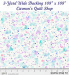 Carmon's Quilt Shop 108 inch wide cotton backing fabric featuring a colorful paint splatter pattern on white