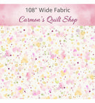 Carmon's Quilt Shop 108 inch wide cotton backing fabric featuring a colorful paint splatter design on white