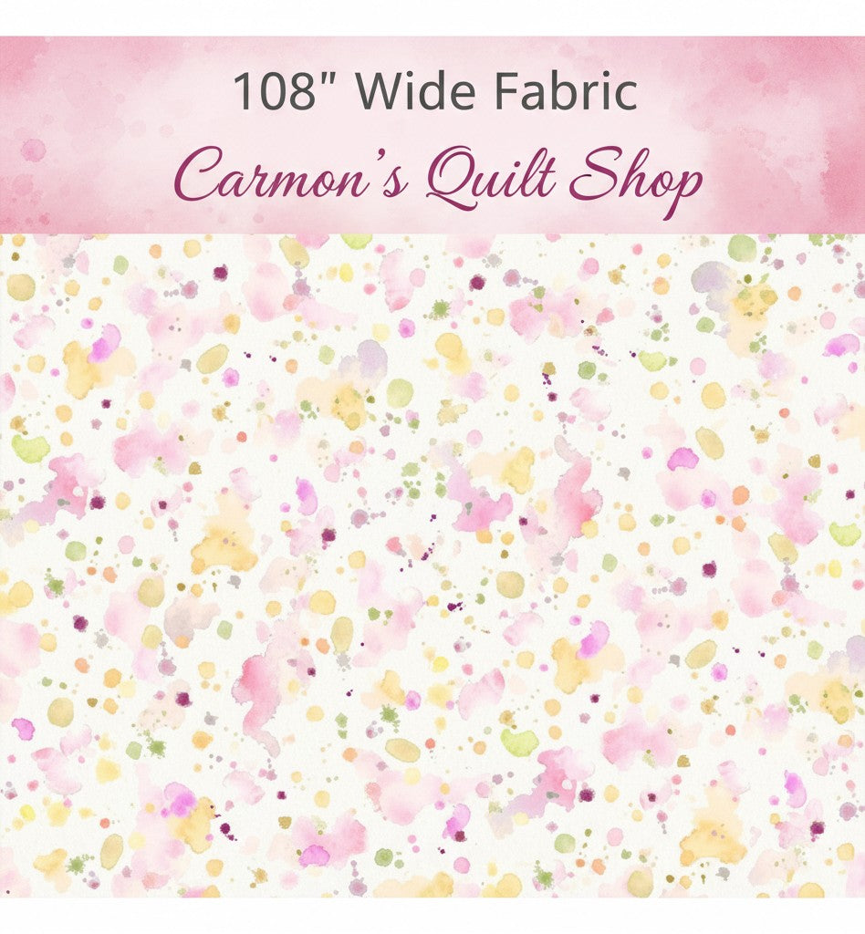 Carmon's Quilt Shop 108 inch wide cotton backing fabric featuring a colorful paint splatter design on white