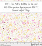 Carmon's Quilt Shop 108 inch wide cotton backing fabric featuring a colorful pink, yellow, and green paint splatter design.