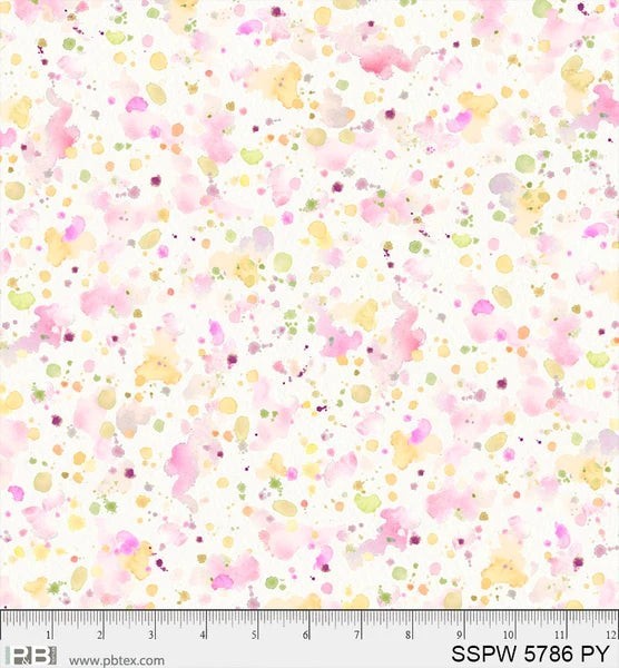 Carmon's Quilt Shop 108 inch wide cotton backing fabric featuring a colorful pink, yellow, and green paint splatter print.