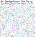 Carmon's Quilt Shop 108 inch wide cotton fabric featuring a colorful purple and teal paint splatter pattern