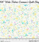 Carmon's Quilt Shop 108 inch wide cotton fabric featuring a colorful paint splatter pattern on a white background.