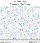 Carmon's Quilt Shop 108 inch wide cotton quilting fabric featuring a colorful paint splatter design on white.