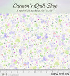 Carmon's Quilt Shop 108-inch wide cotton backing fabric featuring a colorful purple, green, and pink paint splatter print.