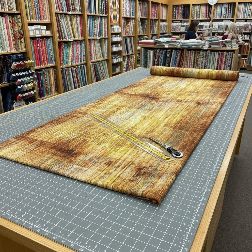 Carmon's Quilt Shop Panorama Carmel Wood 118 inch wide cotton backing fabric with a brown wood grain texture on a table