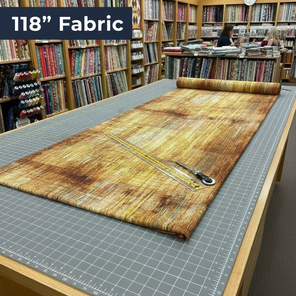 Carmon's Quilt Shop Panorama Carmel Wood 118 inch wide cotton backing fabric with a brown wood grain texture.