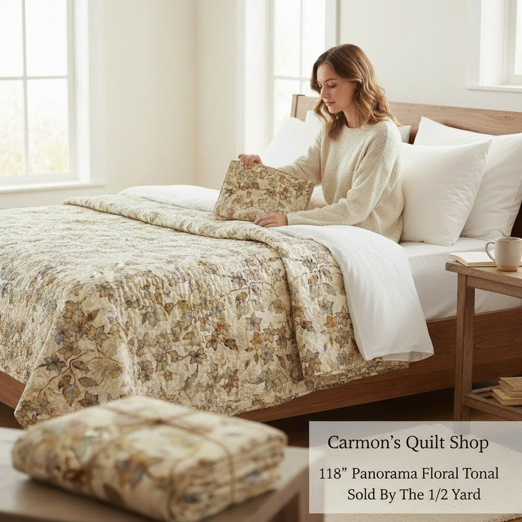 Carmon's Quilt Shop 118 inch wide Panorama tonal floral cotton fabric draped over a bed with a woman holding a swatch