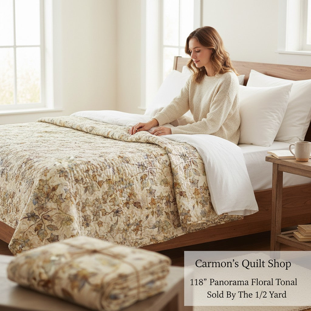 Carmon's Quilt Shop 118-inch wide Panorama tonal floral quilting cotton fabric draped over a bed with a woman.