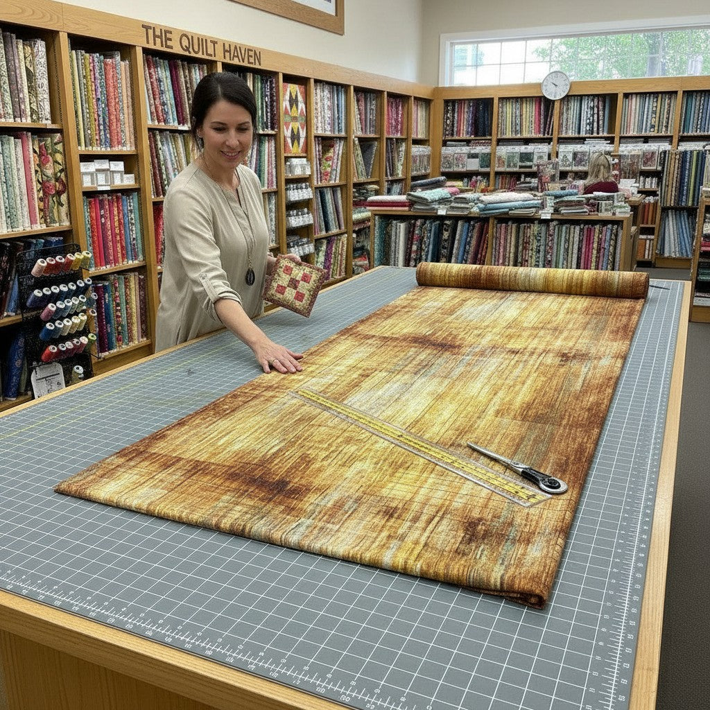Carmon's Quilt Shop 118-inch wide Panorama wood textured cotton fabric in carmel brown on a cutting table with a quilter.