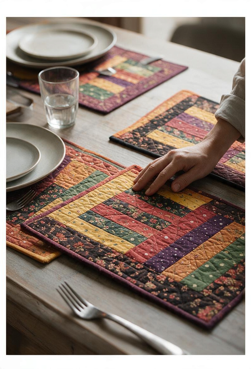 Carmon's Quilt Shop Table for Four placemats featuring colorful patchwork fabric strips on a wooden dining table