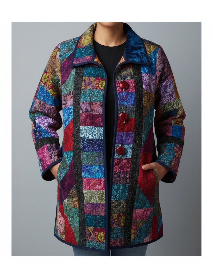 Carmon's Quilt Shop quilted patchwork jacket featuring vibrant multi-colored fabric patterns and large red buttons.