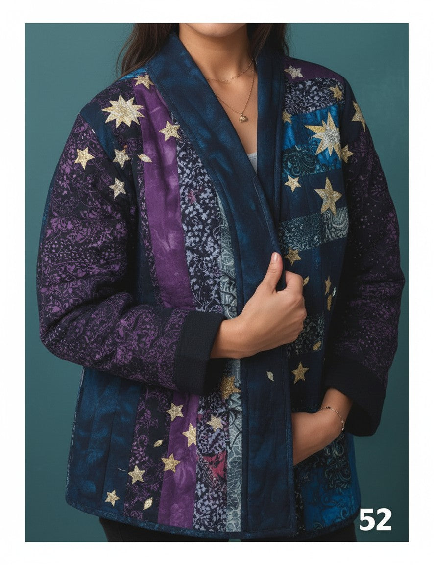 Carmon's Quilt Shop quilted patchwork jacket with purple and blue star patterns worn by a model