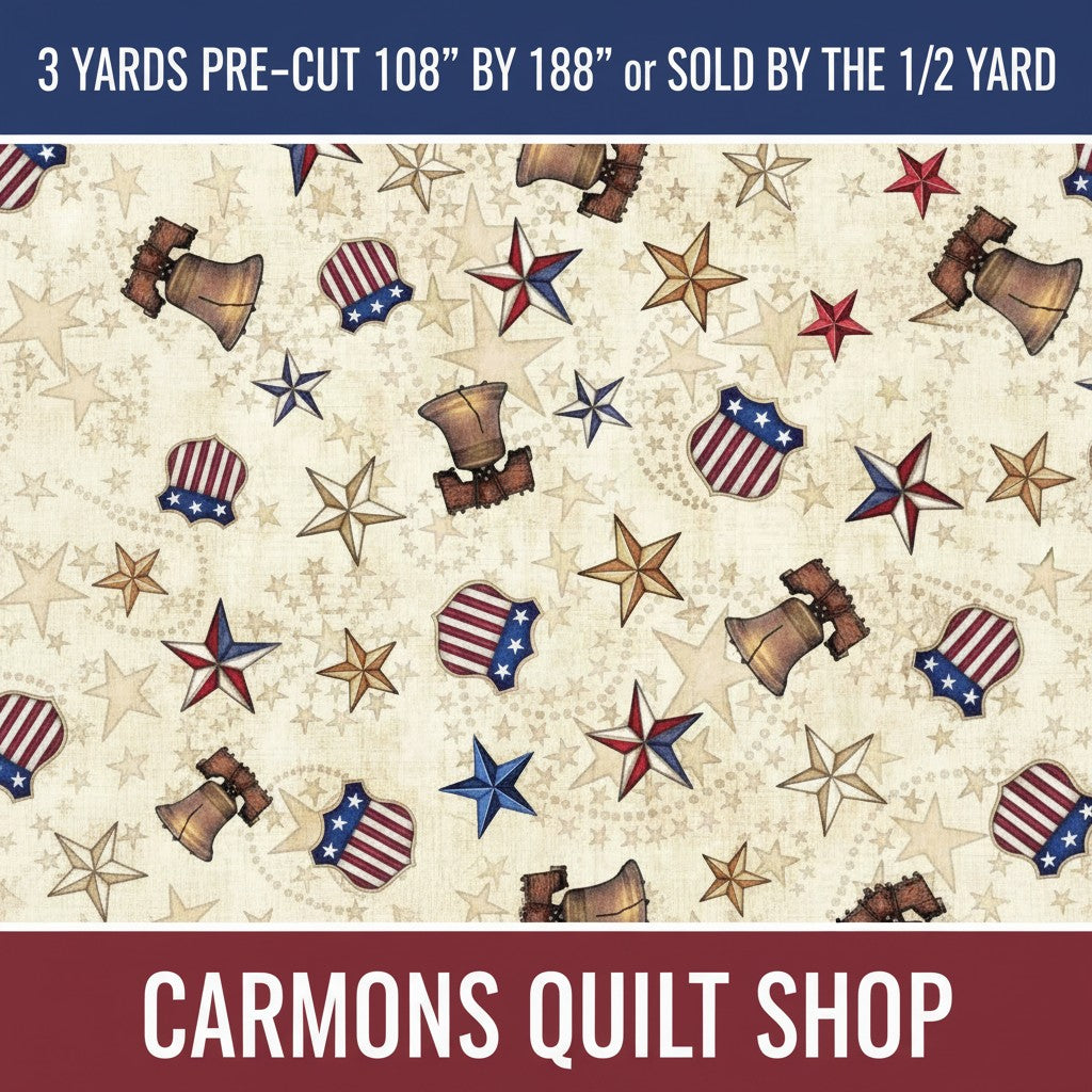 Carmon's Quilt Shop 108-inch wide cotton quilting fabric featuring a patriotic Liberty Bell and star print.