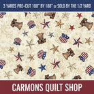 Carmon's Quilt Shop 108-inch wide cotton quilting fabric featuring a patriotic Liberty Bell and star print.