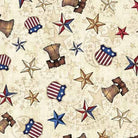 Carmon's Quilt Shop 108 inch wide cotton fabric featuring patriotic Liberty Bell and star print on a cream background