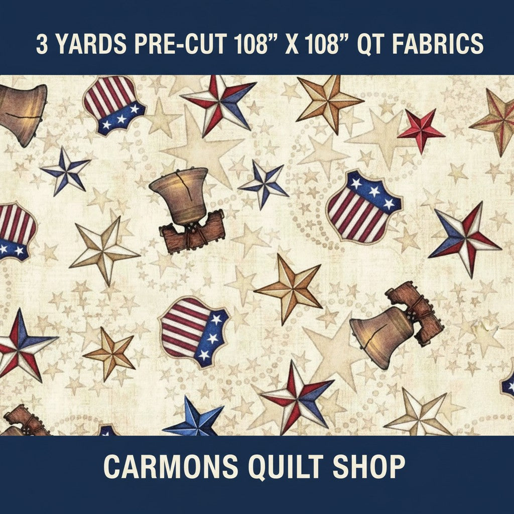 Carmon's Quilt Shop 108 inch wide cotton fabric featuring a patriotic Liberty Bell and star print on cream background