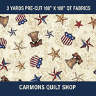 Carmon's Quilt Shop 108 inch wide cotton fabric featuring a patriotic Liberty Bell and star print on cream background