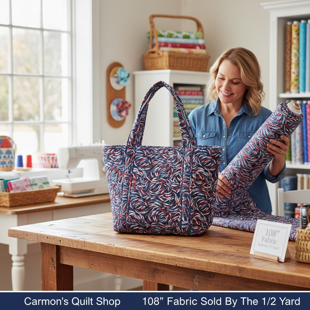 Carmon's Quilt Shop patriotic swirl 108 inch wide back cotton fabric used to make a tote bag in a sewing room