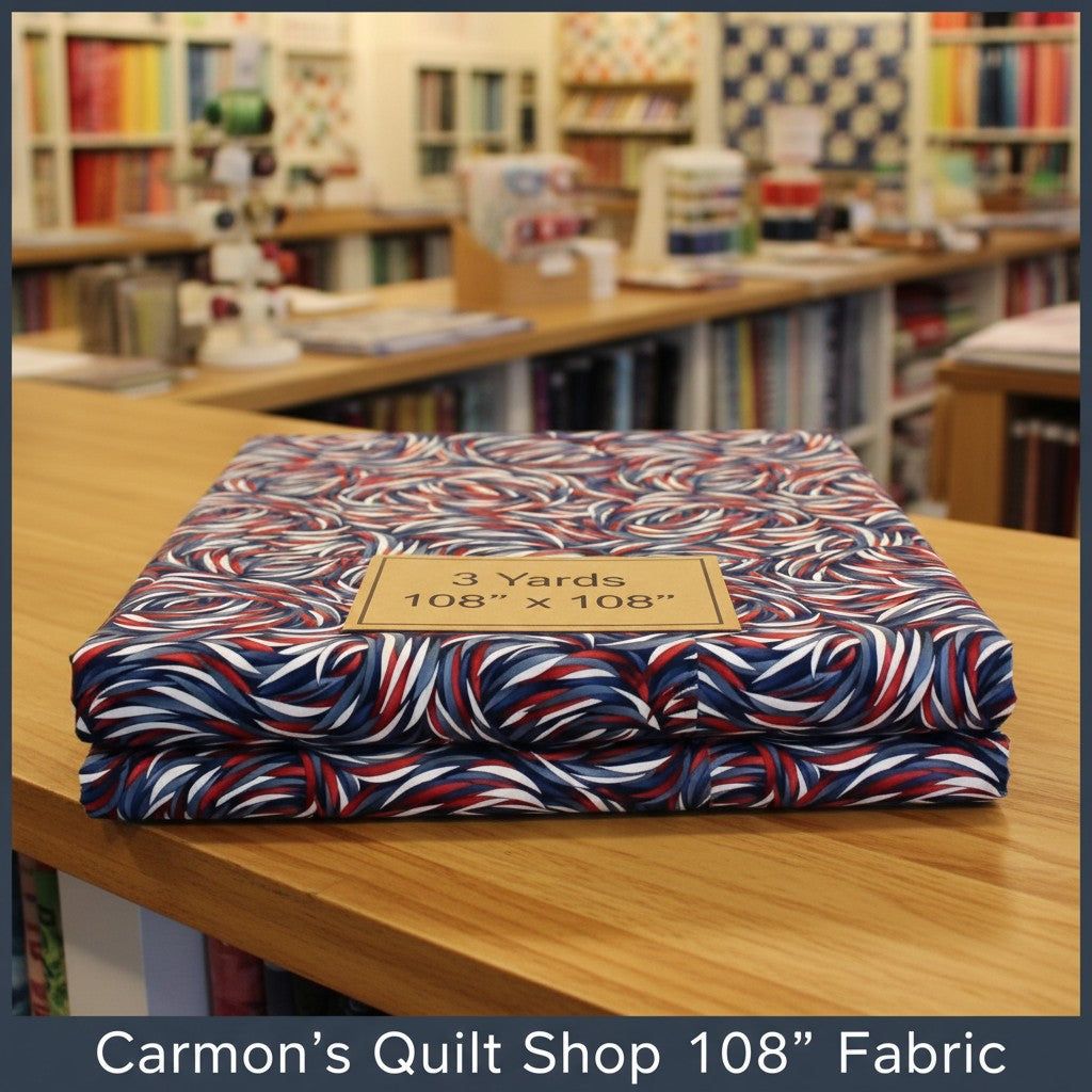 Carmon's Quilt Shop patriotic swirl 108 inch wide cotton quilt backing fabric in red, white, and blue