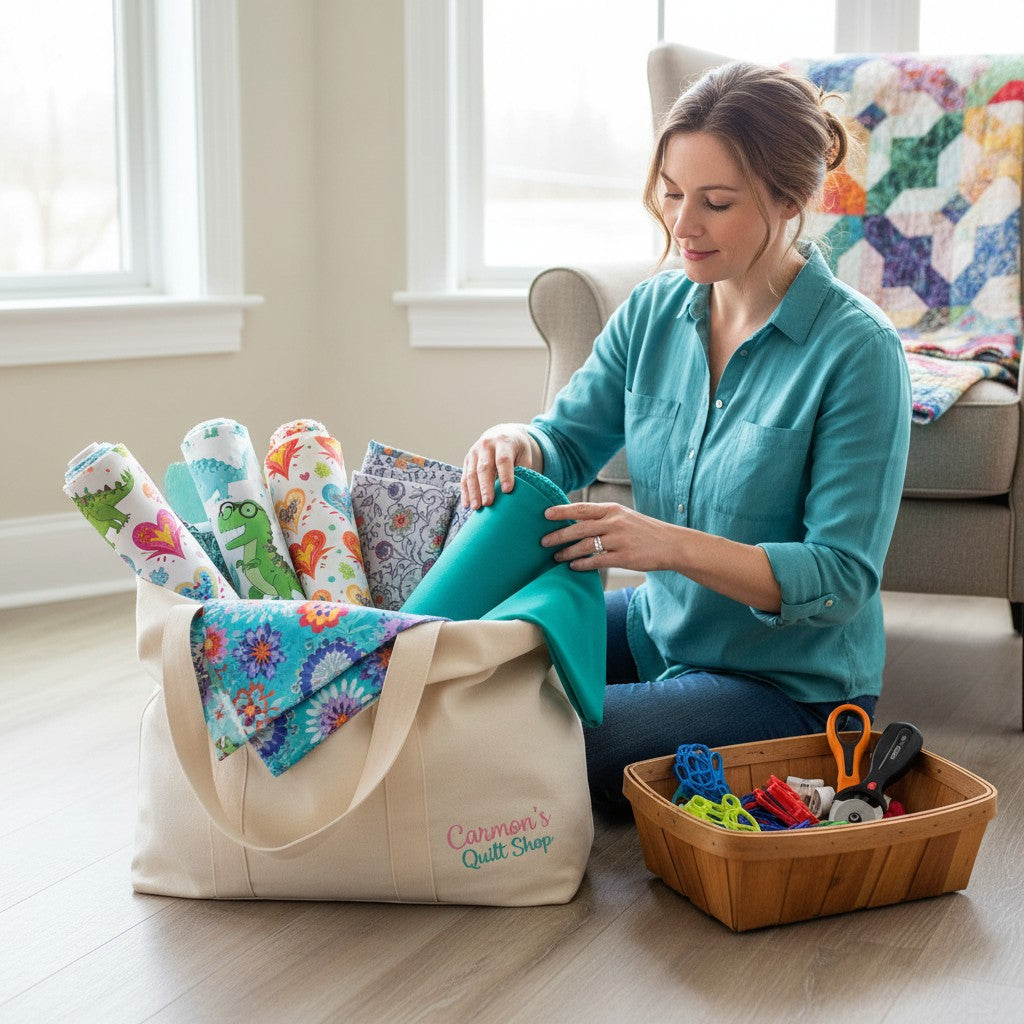 Carmon's Quilt Shop woman organizing fabric rolls in a tote bag, including Peacock Colorworks solid cotton fabric.
