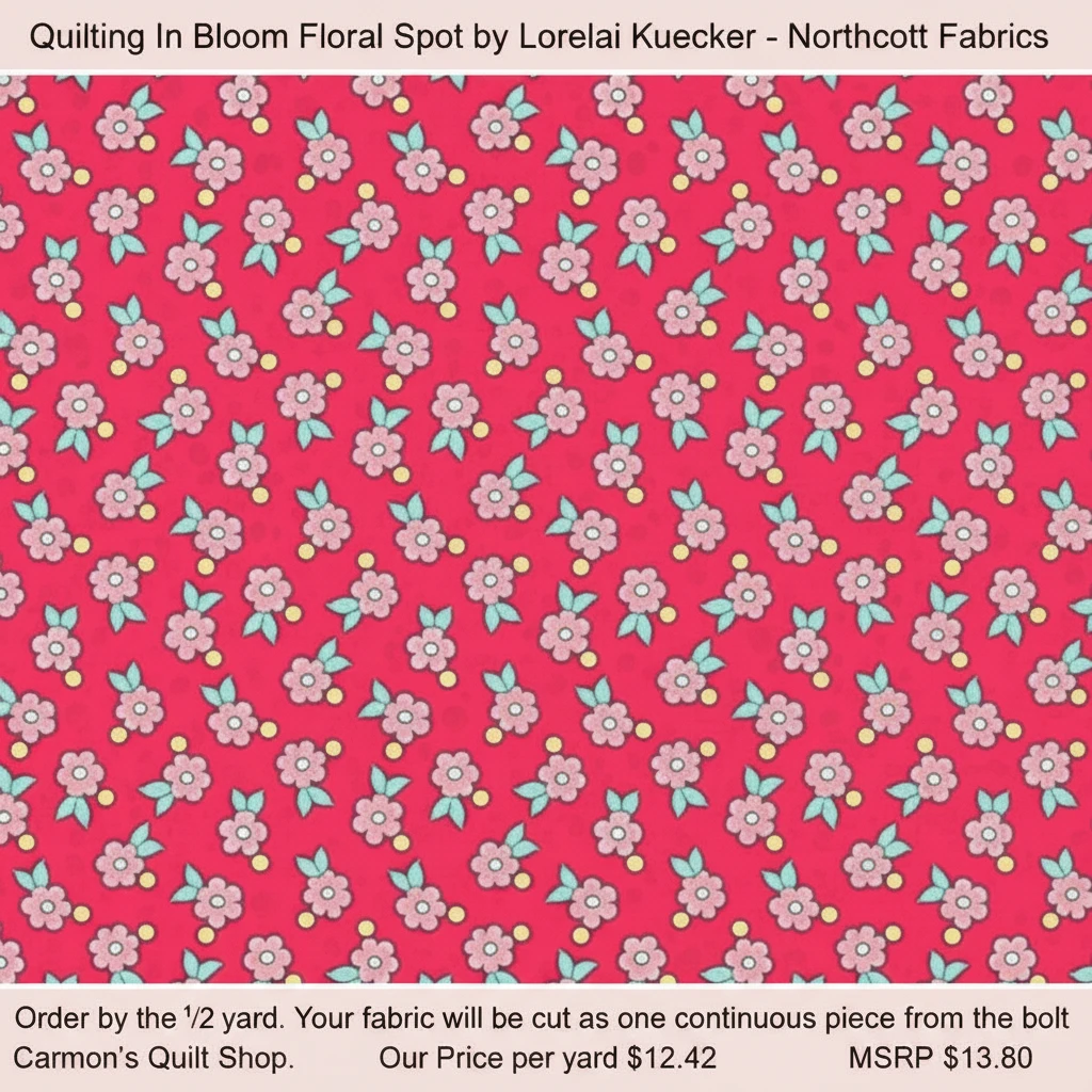 Carmon's Quilt Shop Quilting in Bloom cotton fabric featuring a pink floral spot pattern with teal leaves