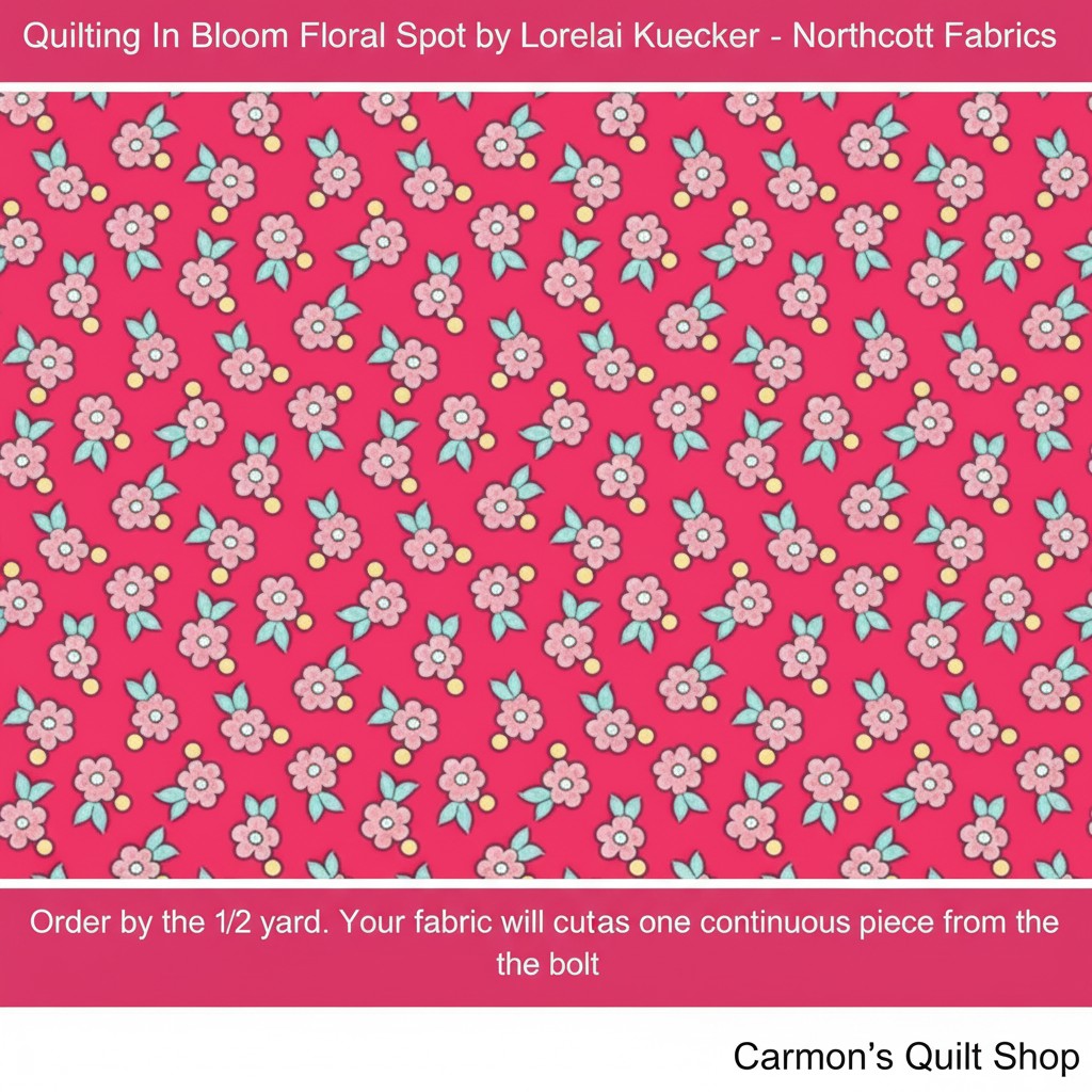 Carmon's Quilt Shop Quilting In Bloom cotton fabric featuring a pink floral spot pattern by Lorelai Kuecker for Northcott
