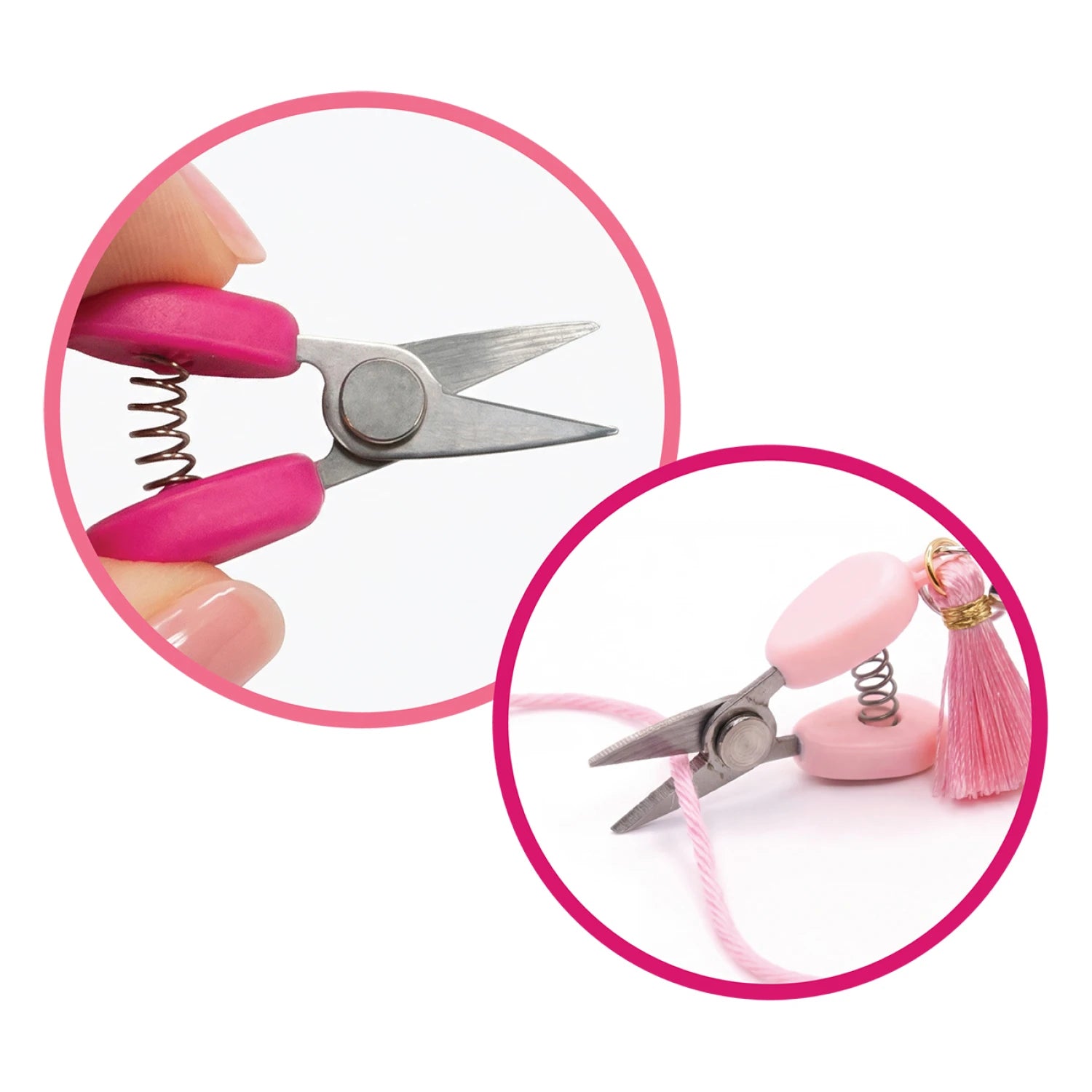 Carmon's Quilt Shop Sew Tasty pink mini spring-loaded scissors with stainless steel blades and a decorative tassel