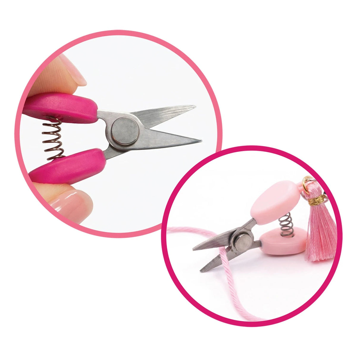 Carmon's Quilt Shop Sew Tasty pink mini spring-loaded scissors with stainless steel blades and a decorative tassel