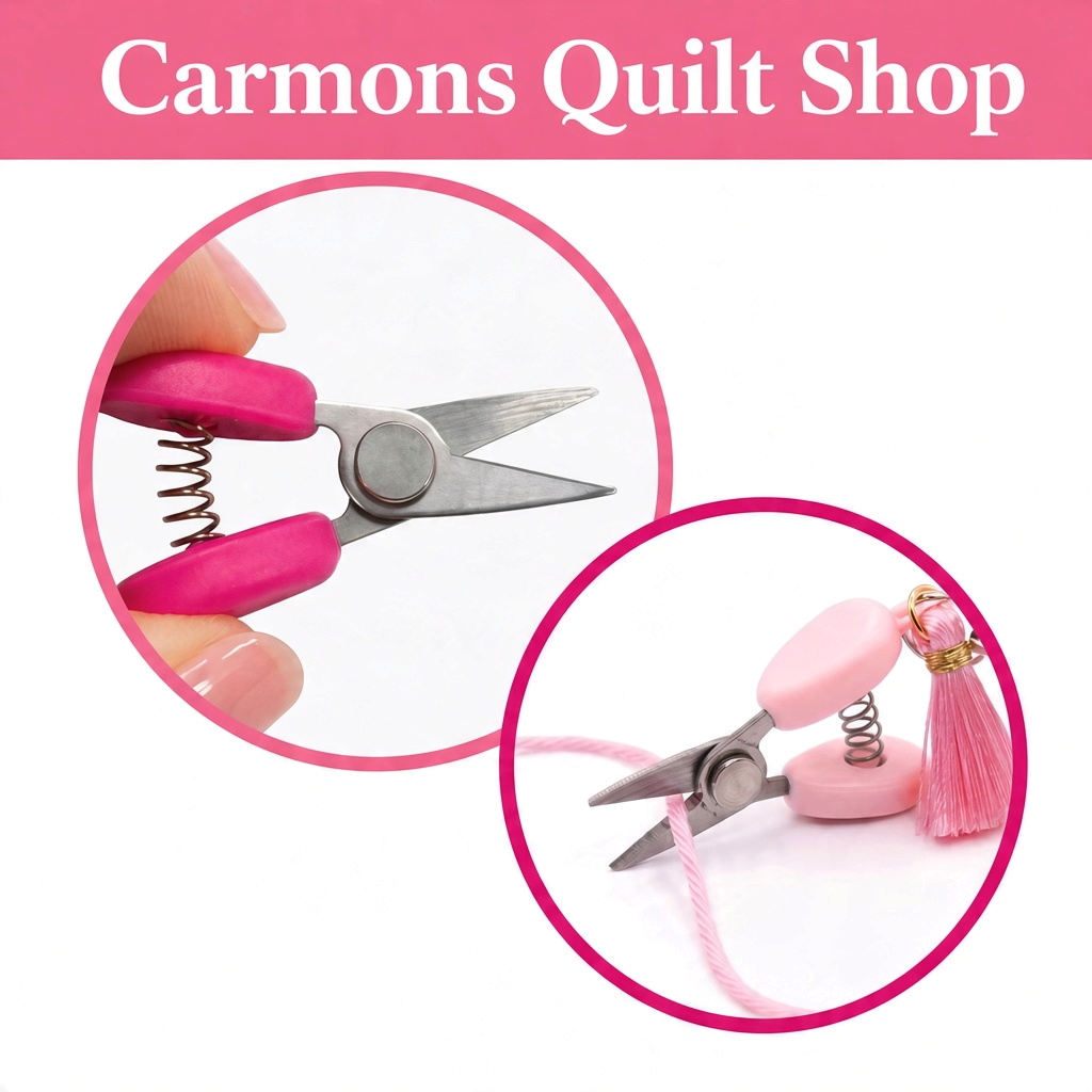 Carmon's Quilt Shop Sew Tasty pink mini spring-loaded scissors with decorative tassel for sewing and crafting